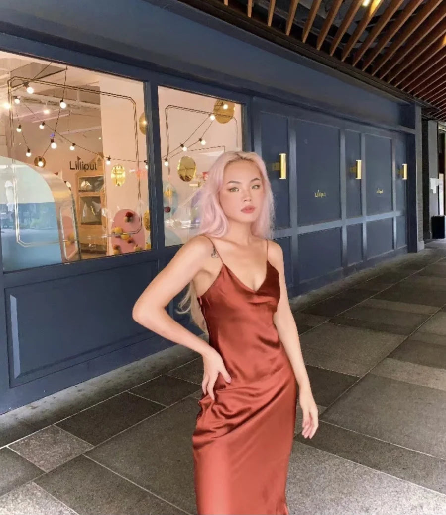 2025 Spring New TRAF Elegant women's fashion silk satin texture MIDI dress sexy backless party slip dress