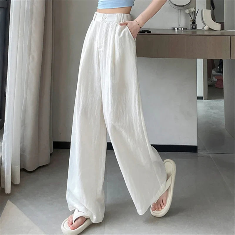 Cotton and Linen Women's Wide Leg Full Pants High Waist Summer Female Elegant Minimalism Straight Loose Trousers 2024 Autumn