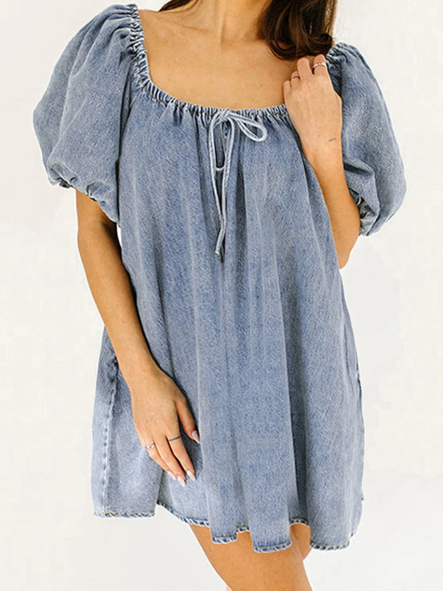 Women s Denim Dress with Short Sleeves and Square Neckline Solid Color Loose Fit Mini Dress for Summer Casual Wear