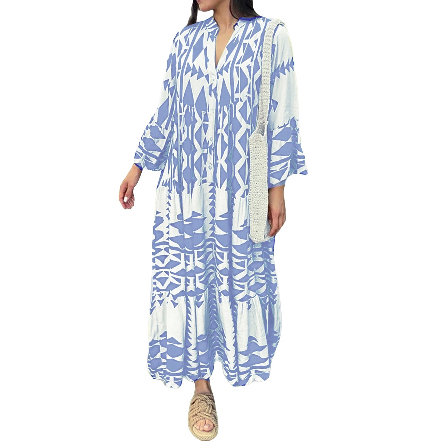 Women Long Dress Long Sleeve Button-down Geometric Print Bohe Dress Loose Swing Dress for Casual Daily