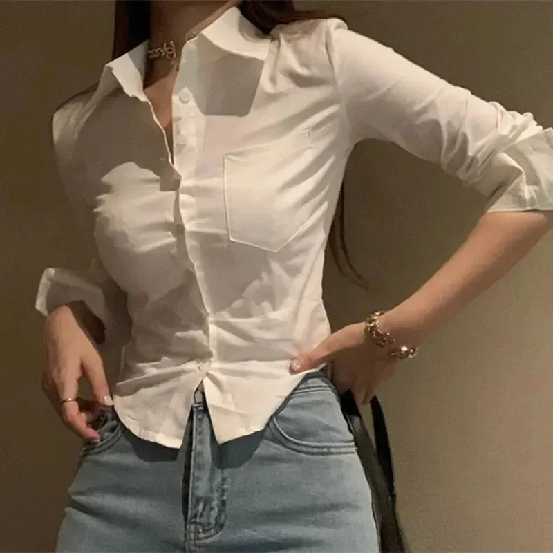 Korean White Office Women Chiffon Shirt Pocket Button Lapel Ladies Blouse Autumn WinterCommuter Long Sleeve New Female Crop Tops