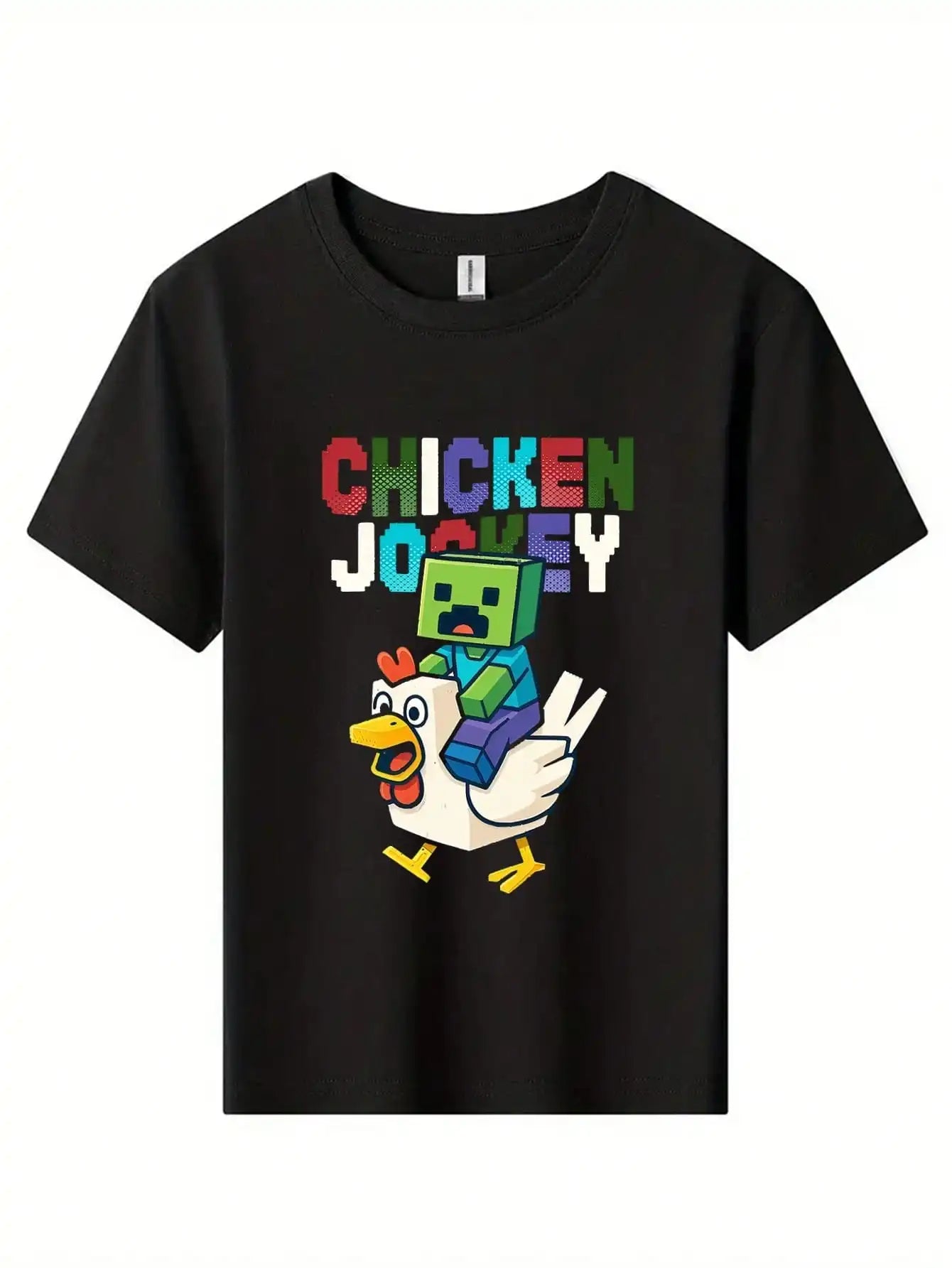 Tween Boys  Chicken Jockey Cotton Graphic Tees, Black Short Sleeve Summer Tops With Gaming Text