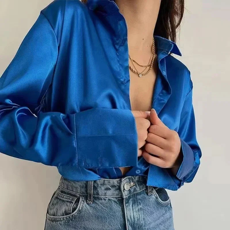 Autumn Elegant Solid Satin Shirt Office Lady Blouse Vintage Long Sleeve Shirt Loose Button Up Shirts Fashion Women Tops 18913