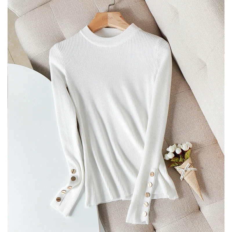 2025 Autumn Winter Casual Women Sweater Pullovers Button Long Sleeve O-neck Chic Sweater Female Slim Knitted Soft Jumper Tops