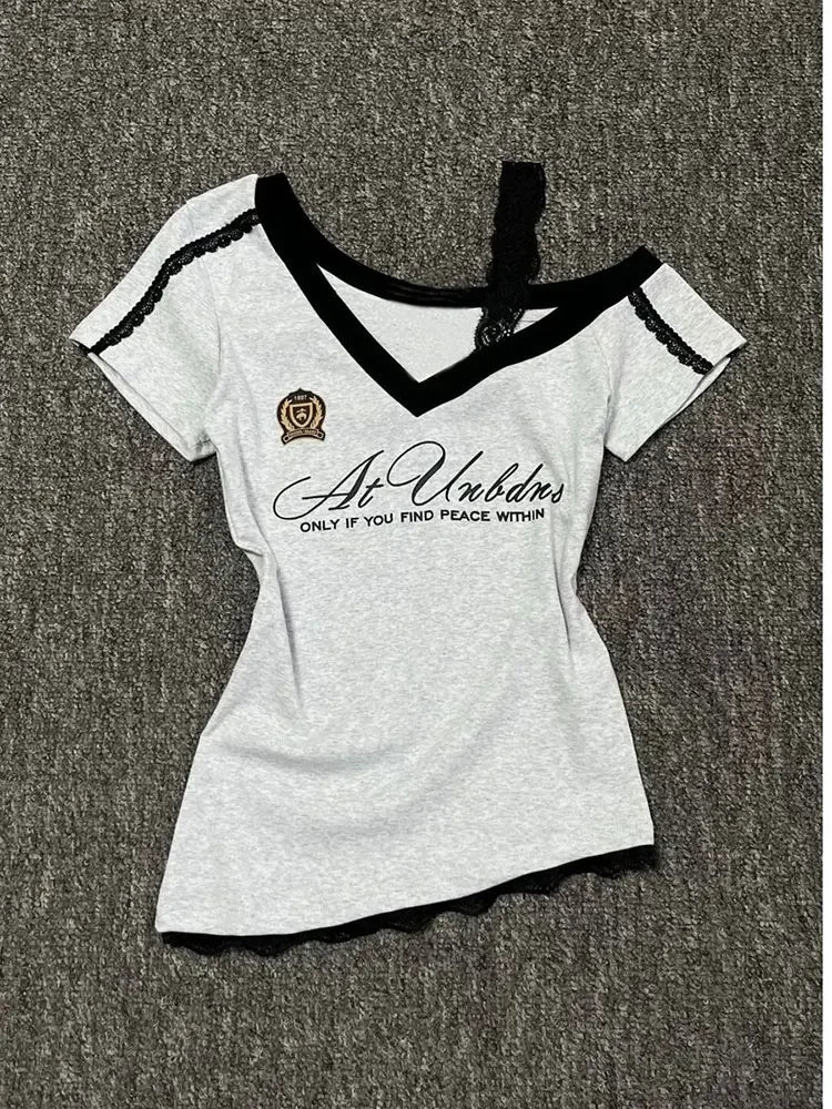 White-Gray Lace Sport Sexy Summer Off shoulder Top Women Y2k V neck Short sleeve T shirt Fashion Korean Lady Basic Tees 2025 New