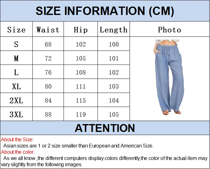 Women's Cotton Linen Pants Casual Loose Solid Elastic Waist Pocket Straight Trousers Ladies Oversize Wide Leg Pant Streetwear