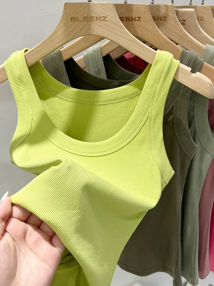 Solid Round Neck Ribbed Tank Top Camisole Women 2025 Summer Basic Elastic Tank Top O Neck Solid Tank Top
