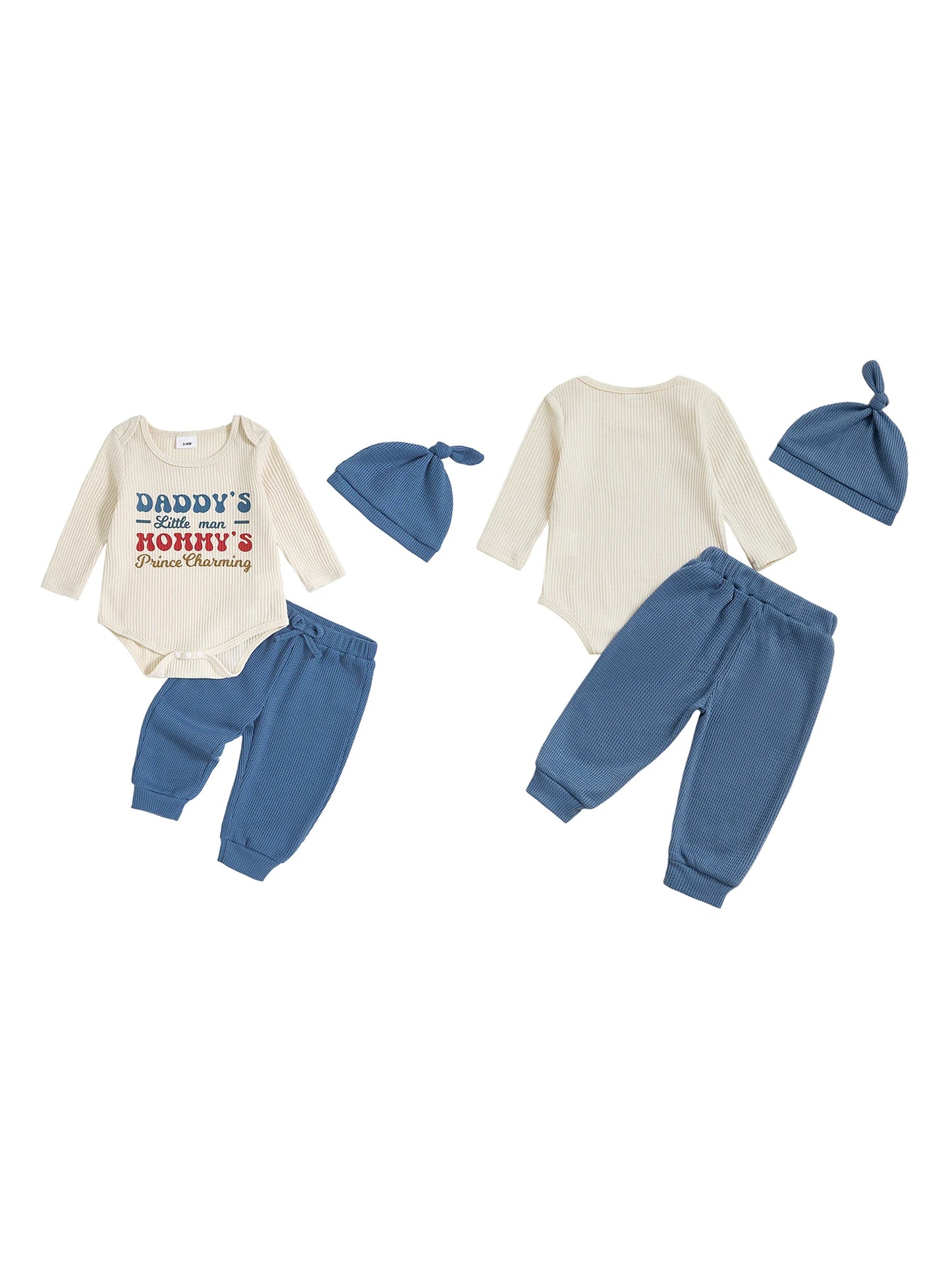 Adorable Infant Unisex Clothing Set with Printed Romper Joggers Pants and Hat - Long Sleeve Crew Neck Outfit for Newborn Boy