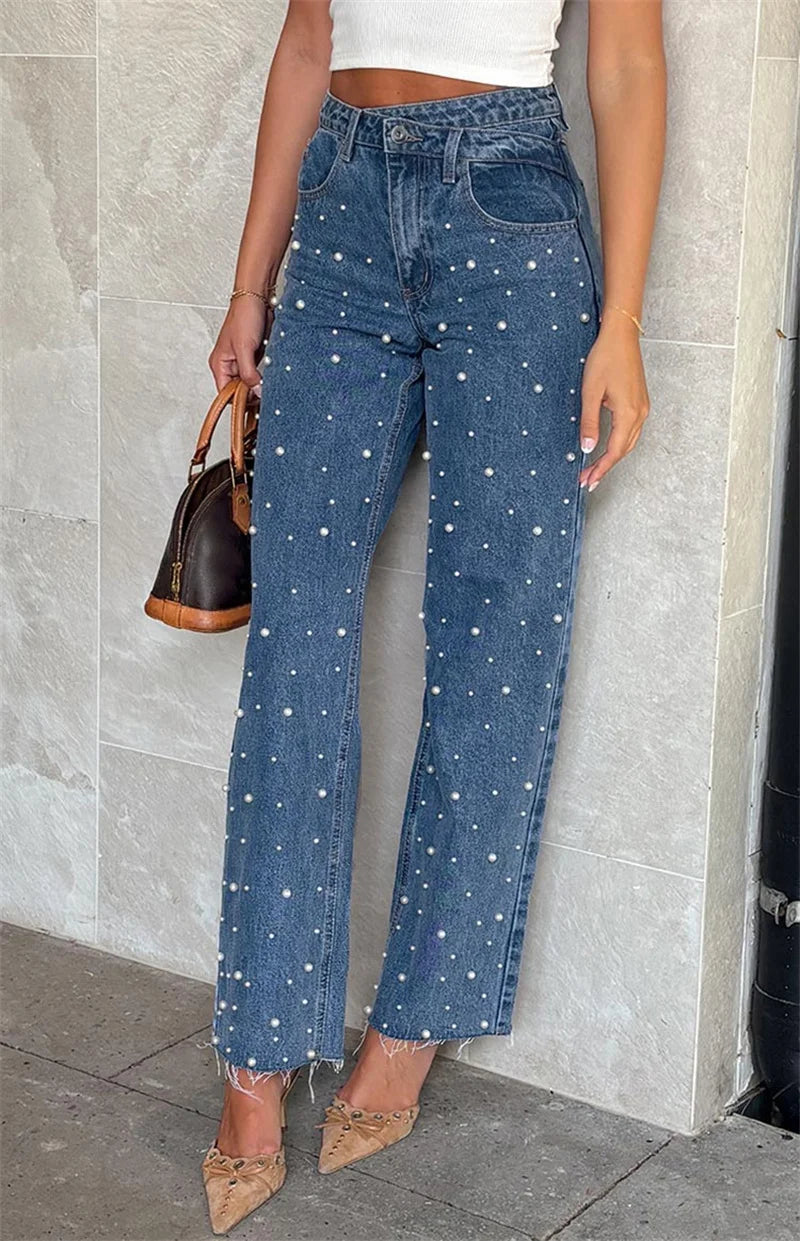 2025 Y2K Fashion Beading Vintage Denim Pants Women Loose Baggy Straight Jeans Female Casual Midi Waist Trousers Trend Streetwear