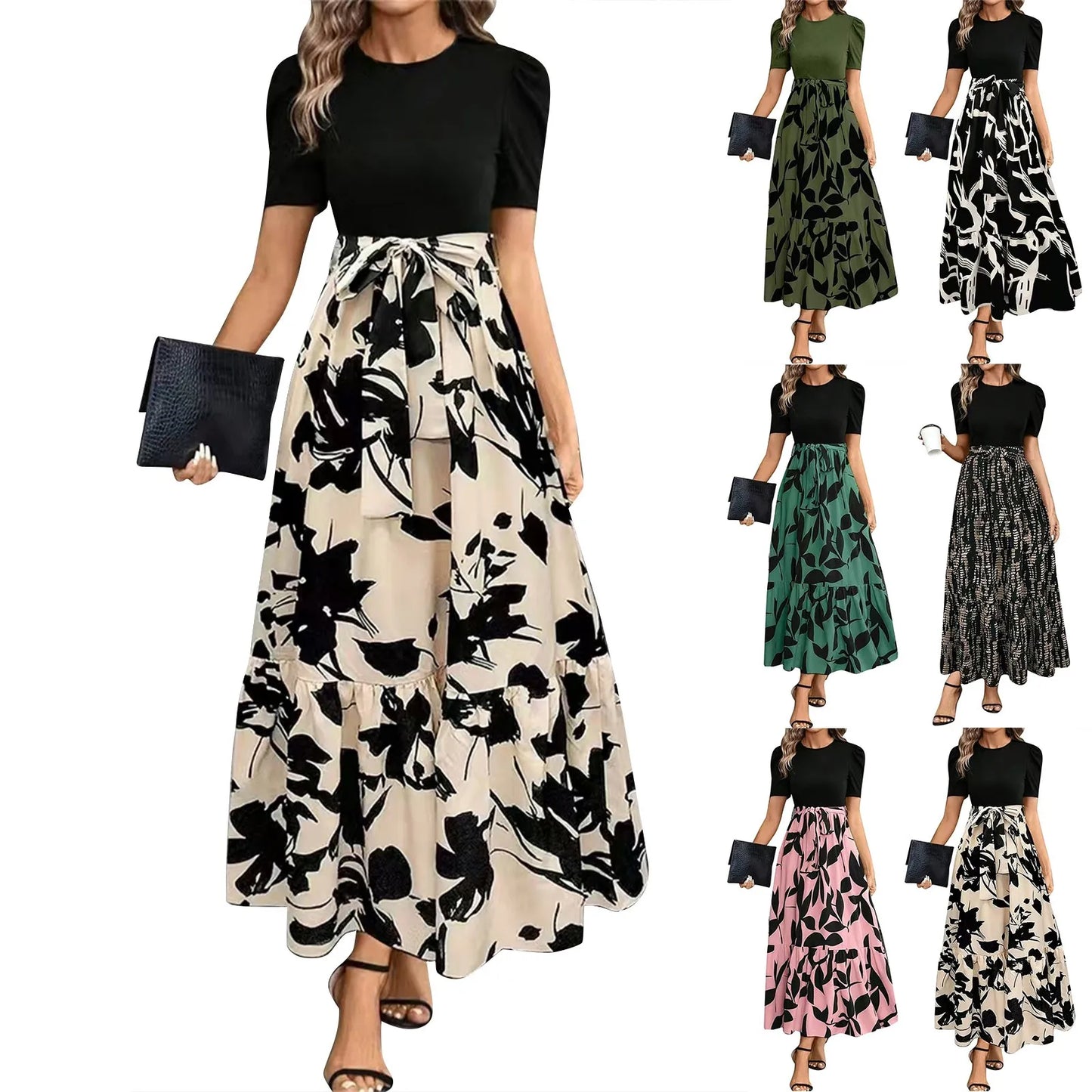 Women's Dresses High Waist Floral Print Dress Elegant Fashionable Maxi Sundress Casual Vintage Style For Spring Summer