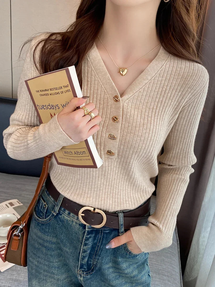 2025 Autumn Winter Women Sweaters Casual Slim Button Knitted Pullover Sweater Femme Basic Solid Jersey Tops Fashion Clothes