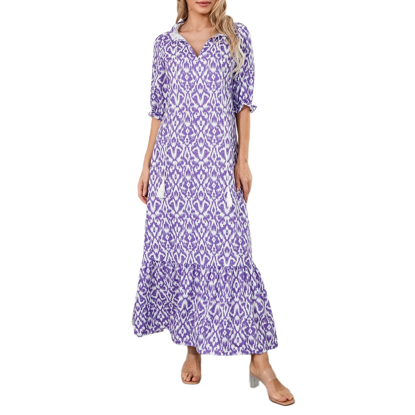 Women Long Dress Elegant Short Sleeve V Neck Flower Graphic Print Loose Swing Dress Summer Casual Dress