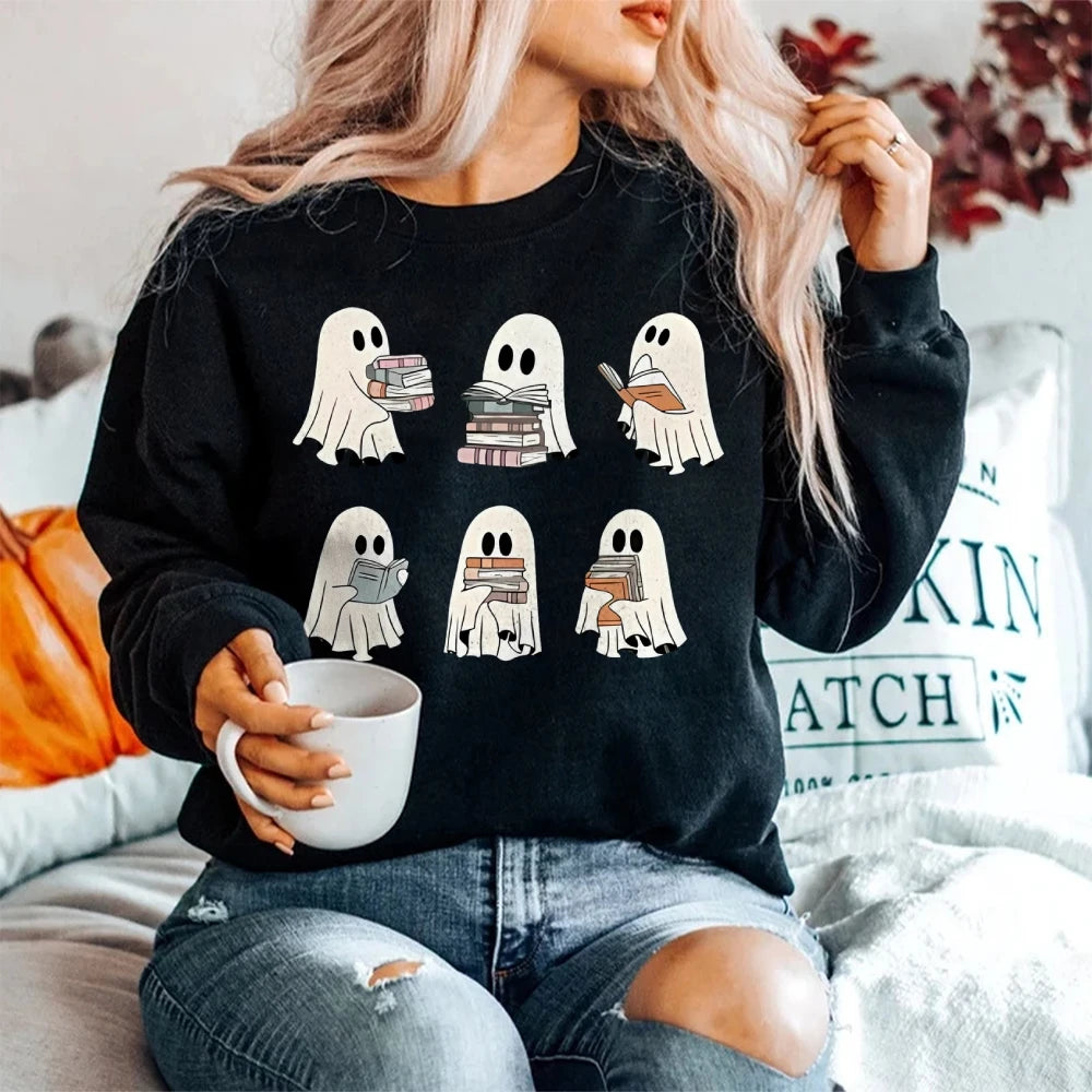 Ghost Reading Books Sweatshirts Halloween Teacher Gift Librarian Halloween Hoodie Ghost Crewneck Tops Crewneck Fashion Clothing