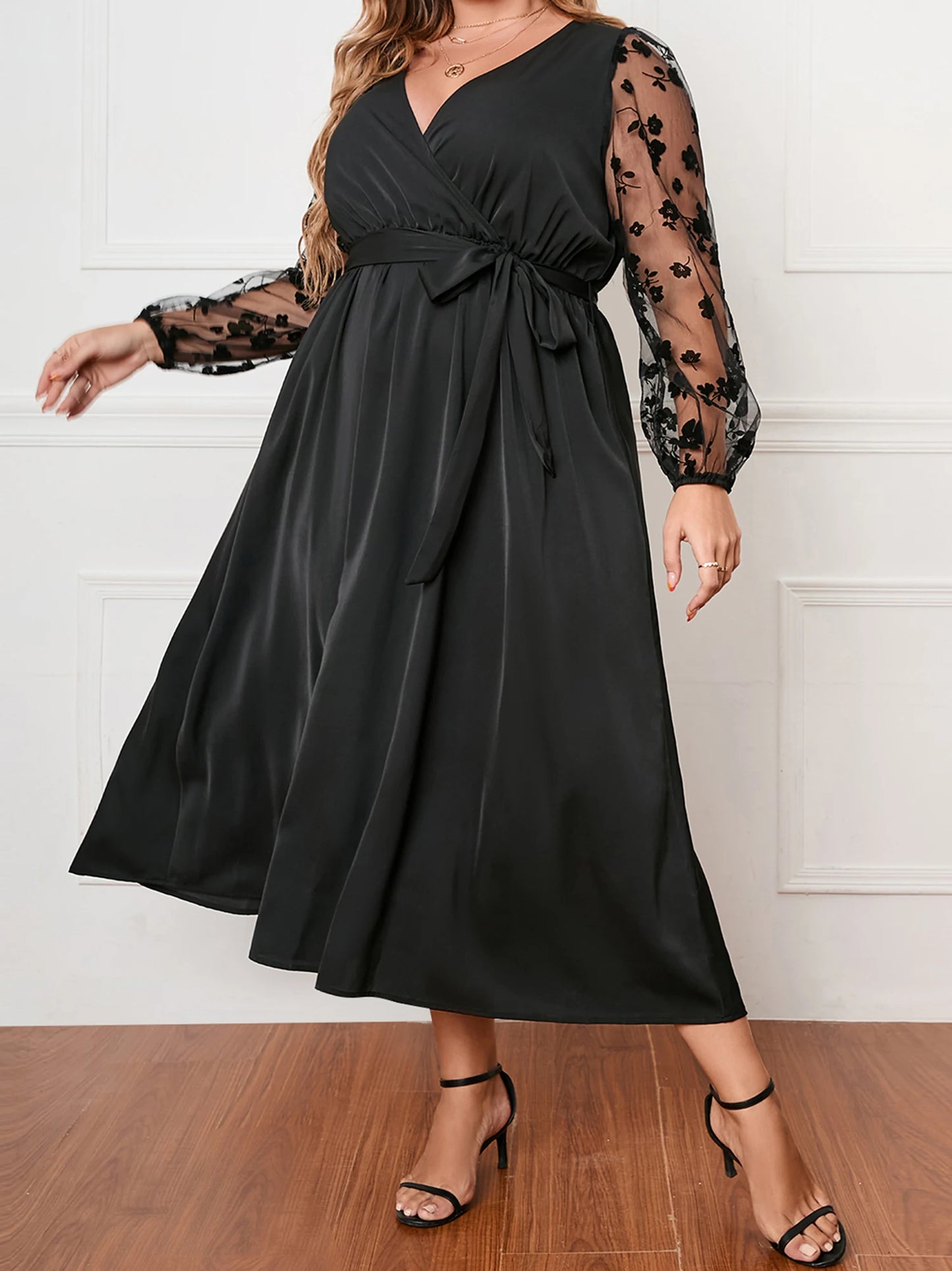 Women s Plus Size Satin Dress Embroidered Lace Long Sleeve Wrap V-Neck A Line Dress with Belt for Spring Fall Wedding Party