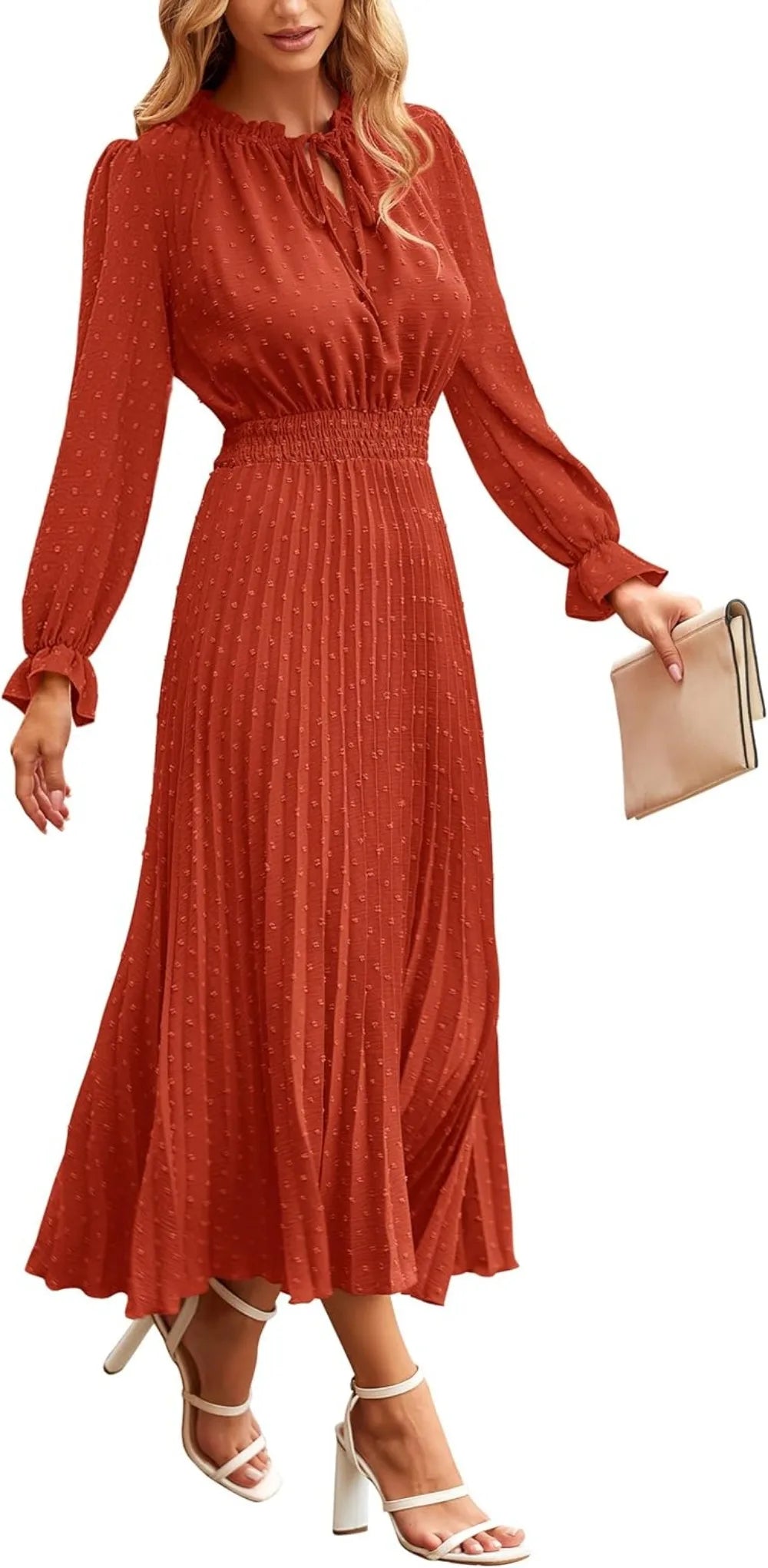 Women's Spring Fall Midi Dress Casual Long/Short Sleeve Elegant and fashionable V Neck Swiss Dot Pleated A Line Flowy Dresses