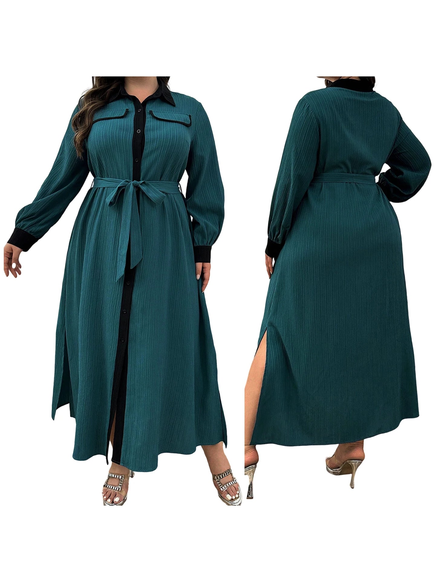 Stylish Plus Size Women s Dress with Long Sleeves and Turn-down Collar Perfect for Fall Season Casual Wear