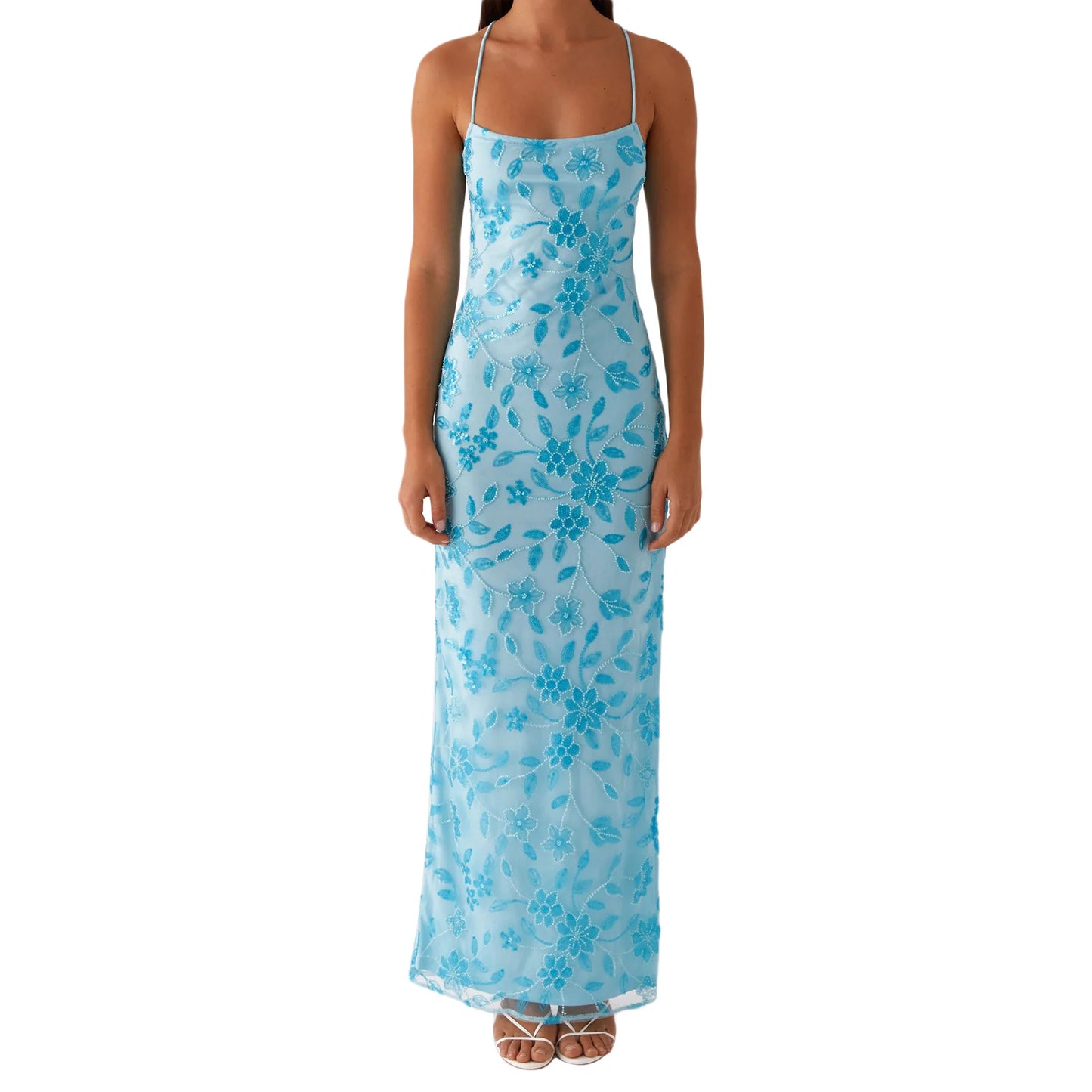 Elegant Sequin Embellished Maxi Dress with Floral Appliques and High Side Slit Perfect for Evening Party or Clubwear