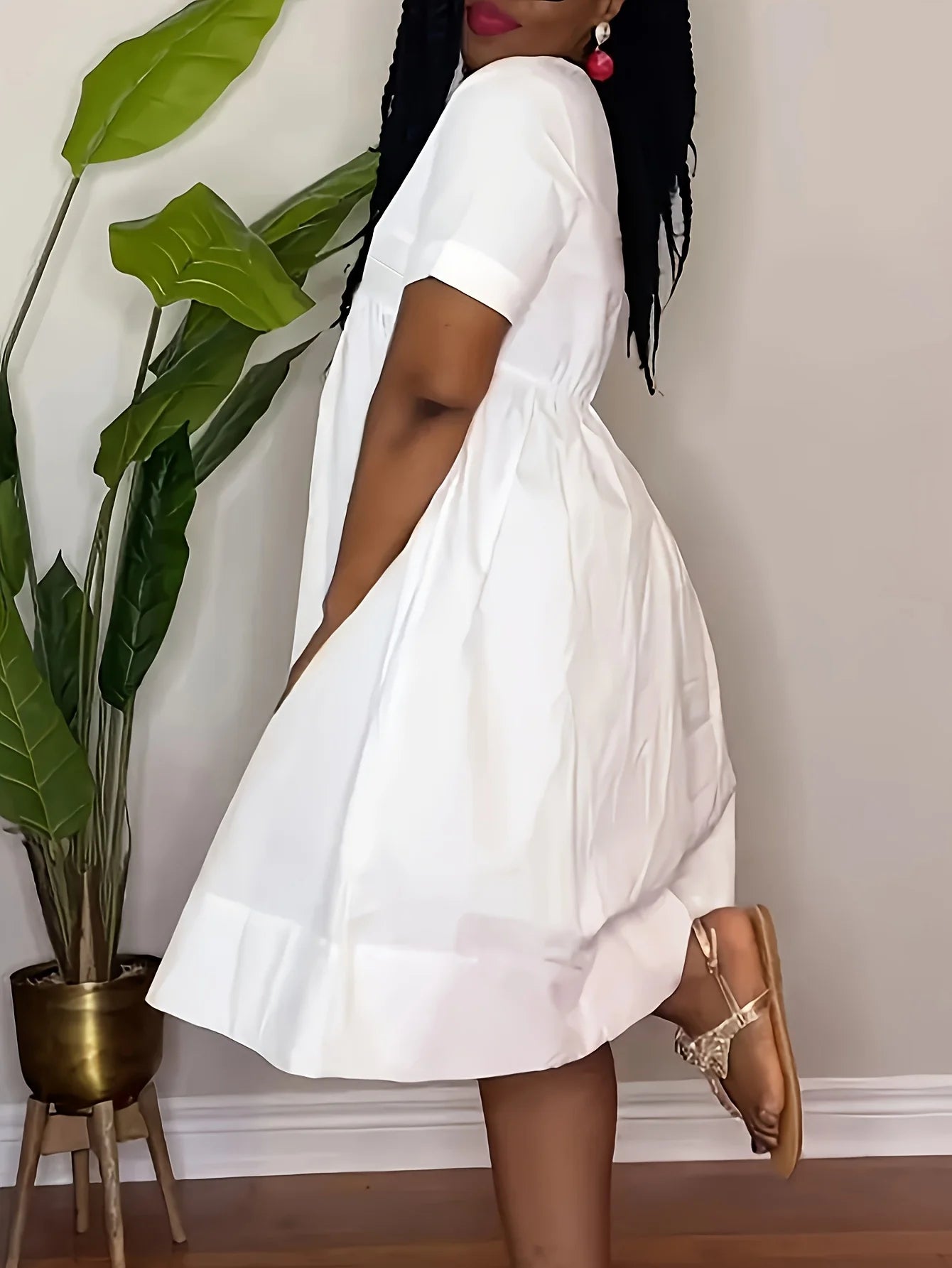 Casual Short-sleeved V-neck Waisted Loose Vacation A-line Shirt Dress