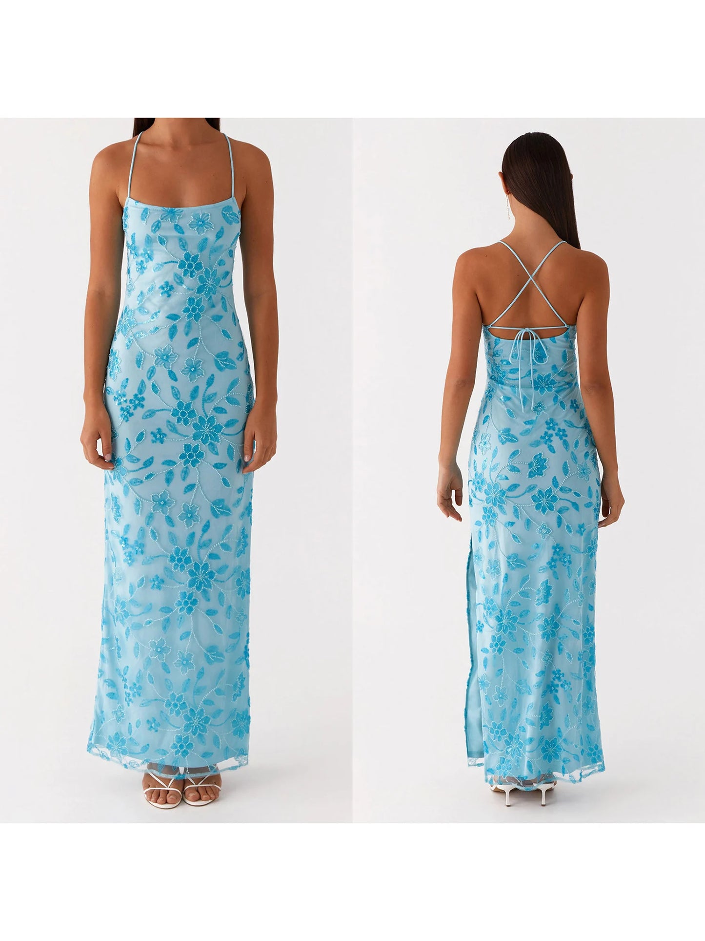Elegant Sequin Embellished Maxi Dress with Floral Appliques and High Side Slit Perfect for Evening Party or Clubwear