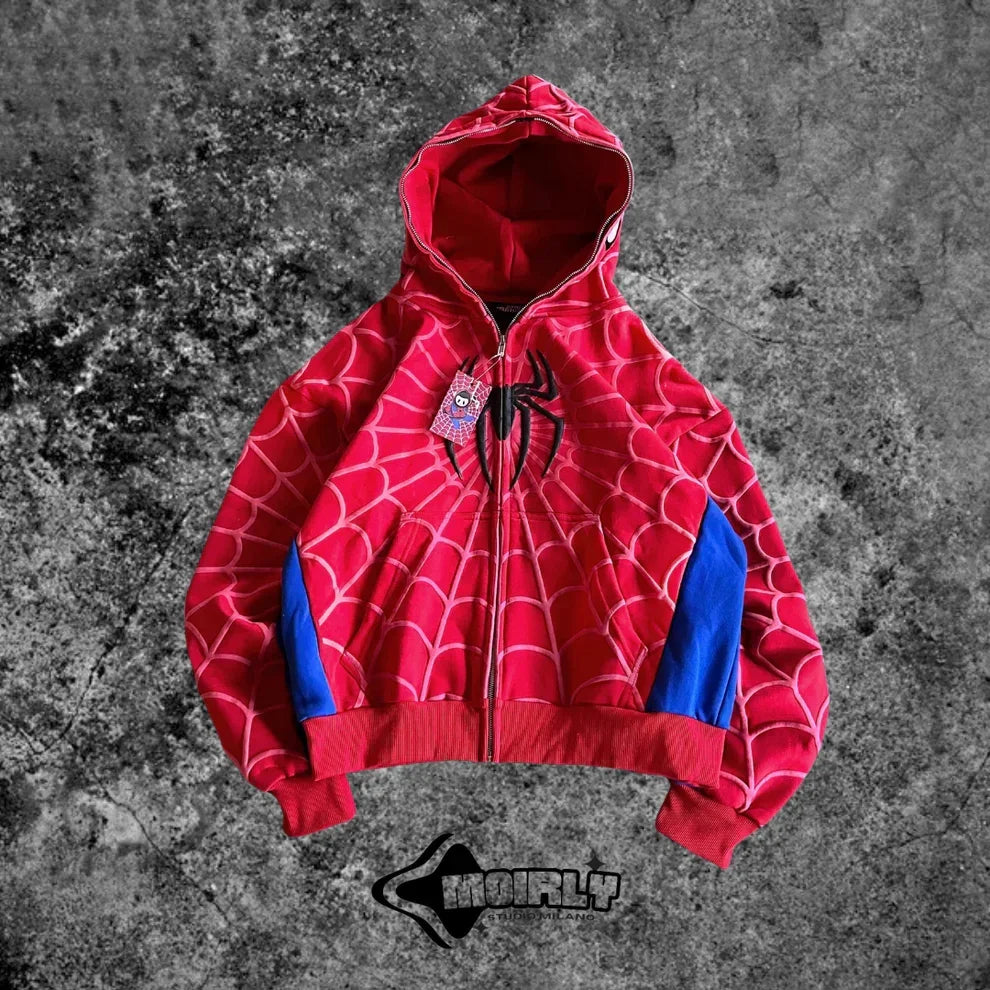 Foam printing Y2k clothing Spider web Red hoodie sweatshirt zipper warm Harajuku punk grunge Women Hip hop sweatshirt Hoodie