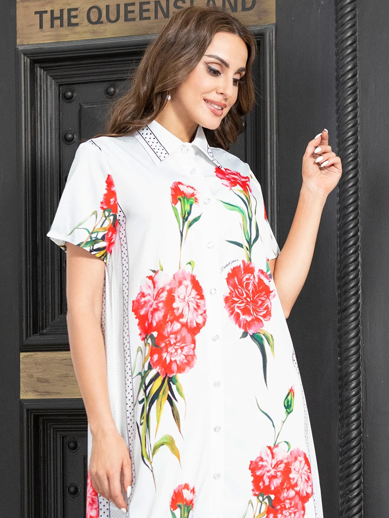 Elegant style Lapel Dots Flowers Color contrast Buttons Regular sleeve Long Dresses White Dresses