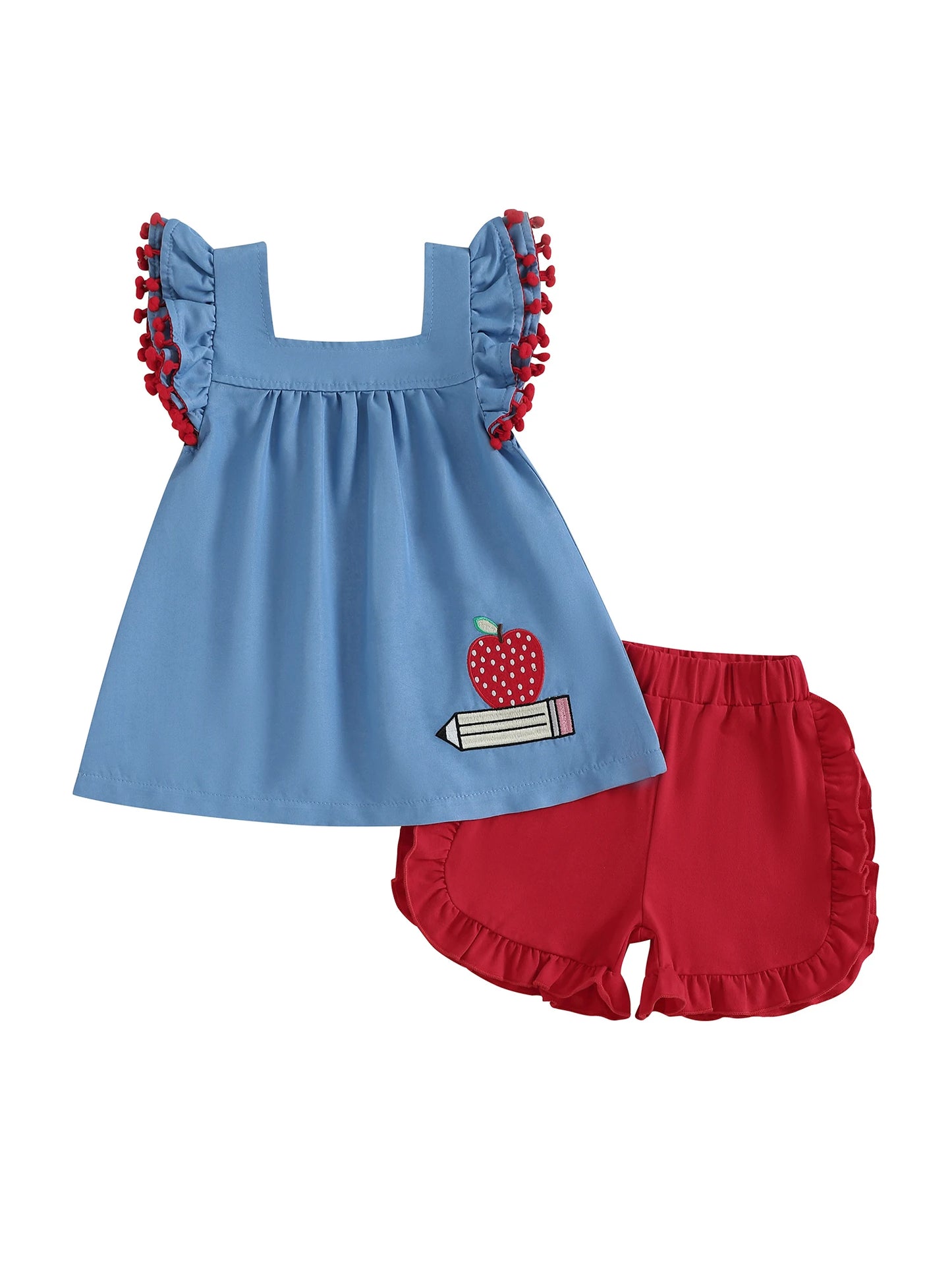 Girls Back to School Outfits Cute Apple Pencil Embroidery Top with Flutter Sleeves and Elastic Waist Shorts Set for Summer (2