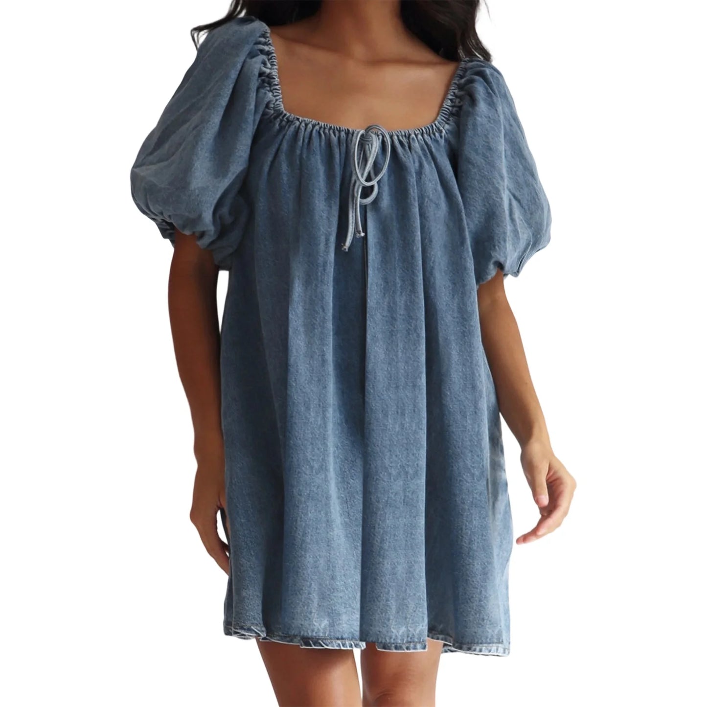 Women s Denim Dress with Short Sleeves and Square Neckline Solid Color Loose Fit Mini Dress for Summer Casual Wear