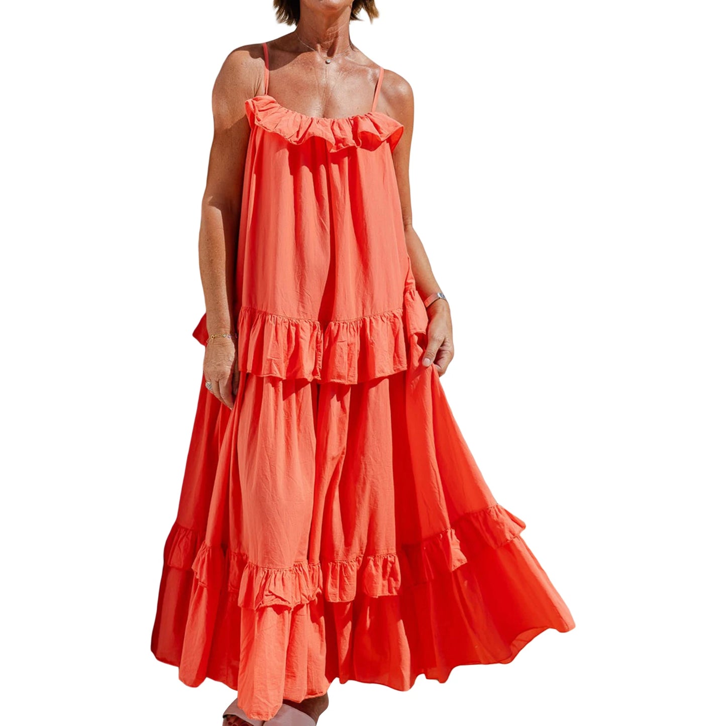 Women s Long Cami Dress Casual Loose Scoop Neck Back Tie-Up Swing Tiered Ruffled Spaghetti Strap Dress