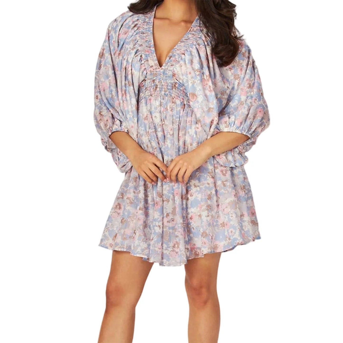 Elegant Floral Print Midi Dress with Long Sleeves and Deep V Neckline Perfect for Fall Parties and Events