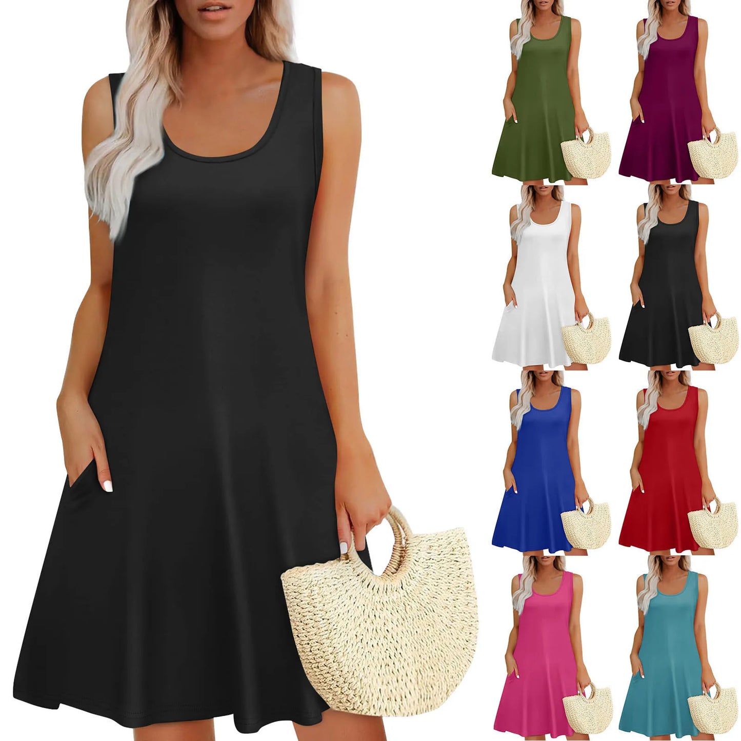 Womens Summer Dresses Loose U Neck Sleeveless Sundresses Dress With Pockets Elegant Women'S Dresses For Party Vestidos Mujer