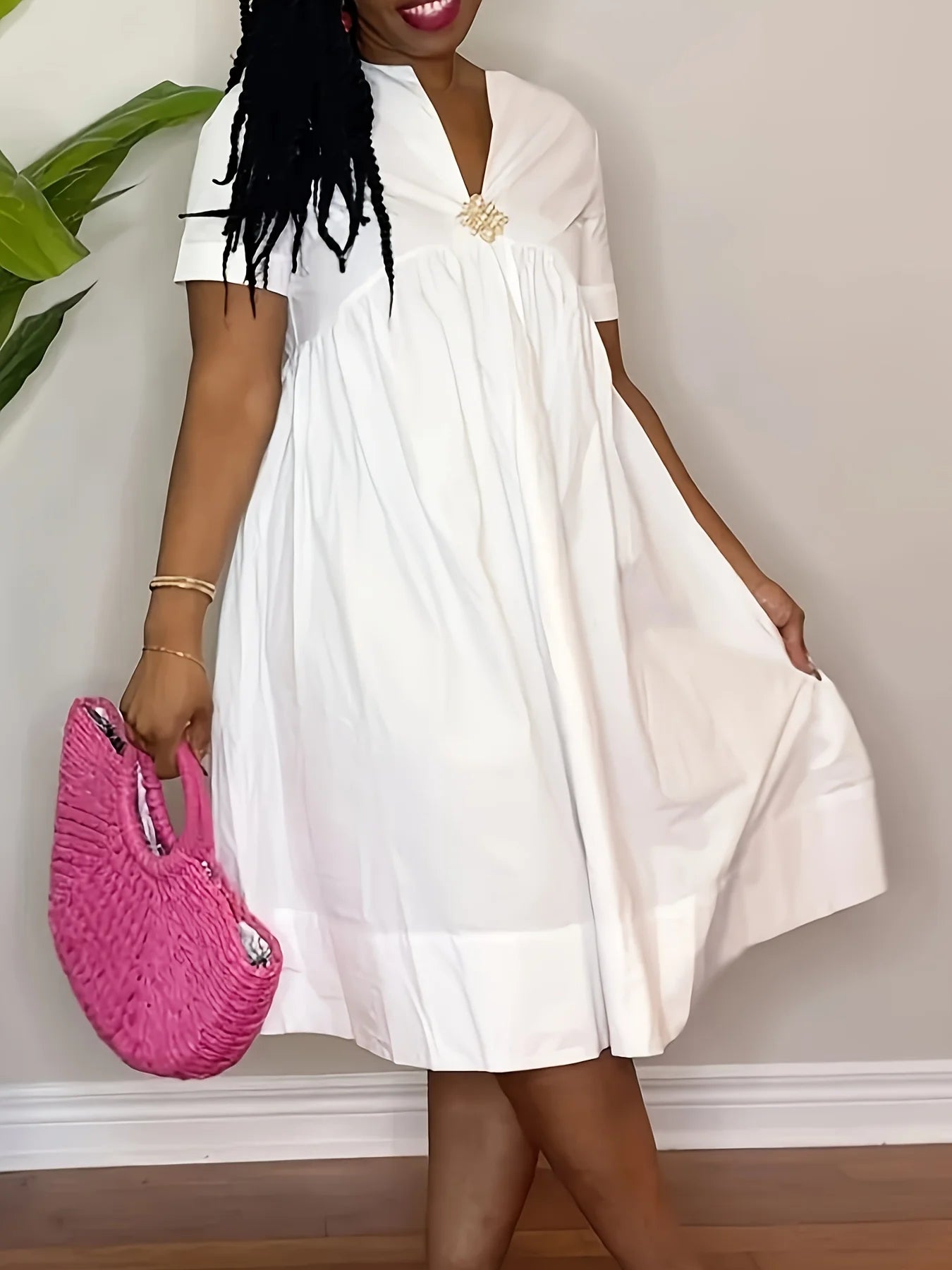 Casual Short-sleeved V-neck Waisted Loose Vacation A-line Shirt Dress
