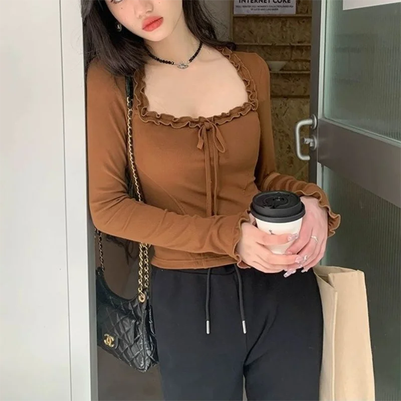 Square Neck Pleated Sexy Tops Casual  Autumn Slim Long Sleeved T-shirt for Women's Ins Fashion Crop Top