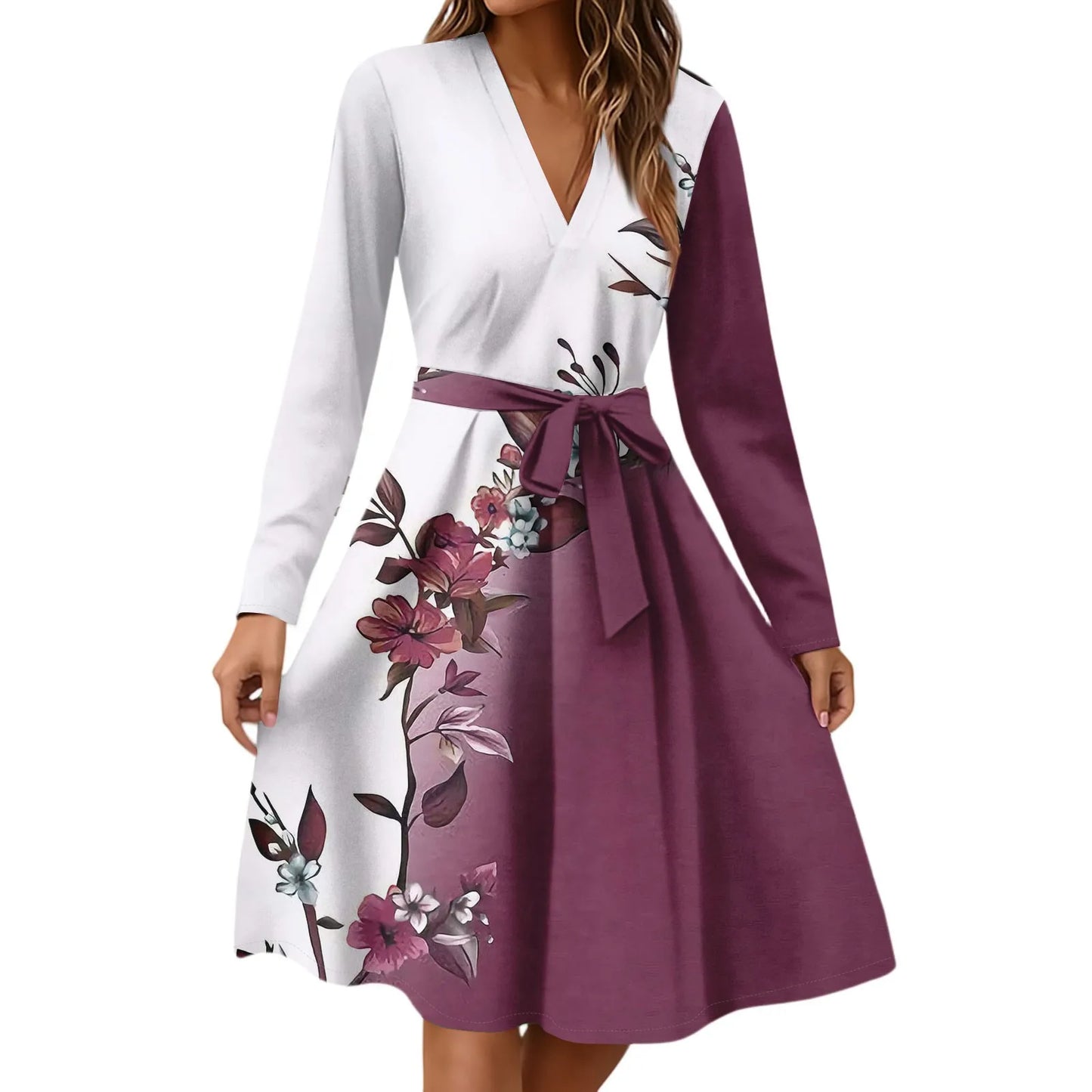 Women'S Fashion Casual V-Neck Long Sleeve Waist Floral Print Midi Dress Vestidos Para Mujer Female Dress Y2k Traf Roupas Feminin