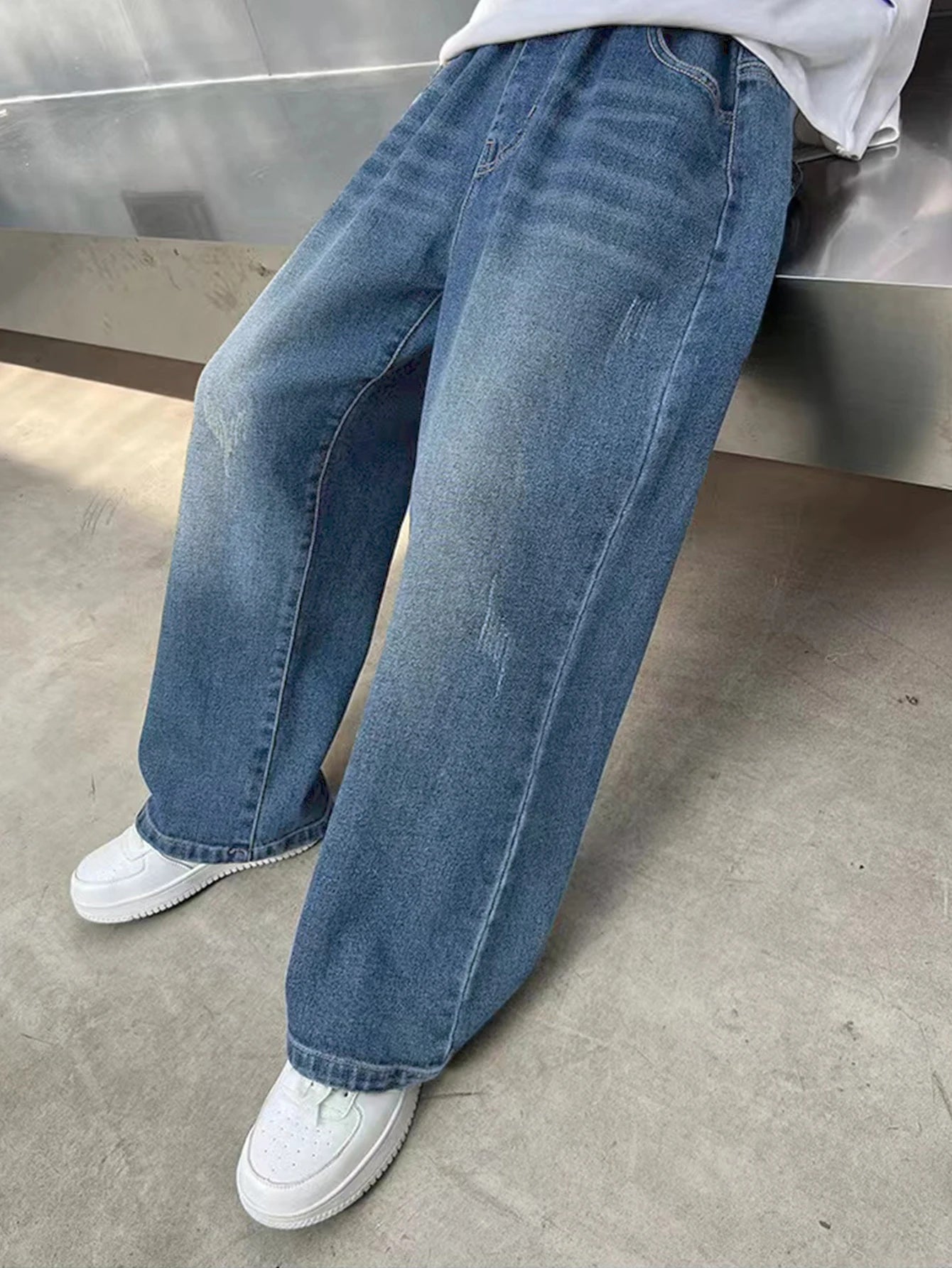 Loose vintage washed preppy-style straight-leg casual wide-leg long jeans for teenage boys