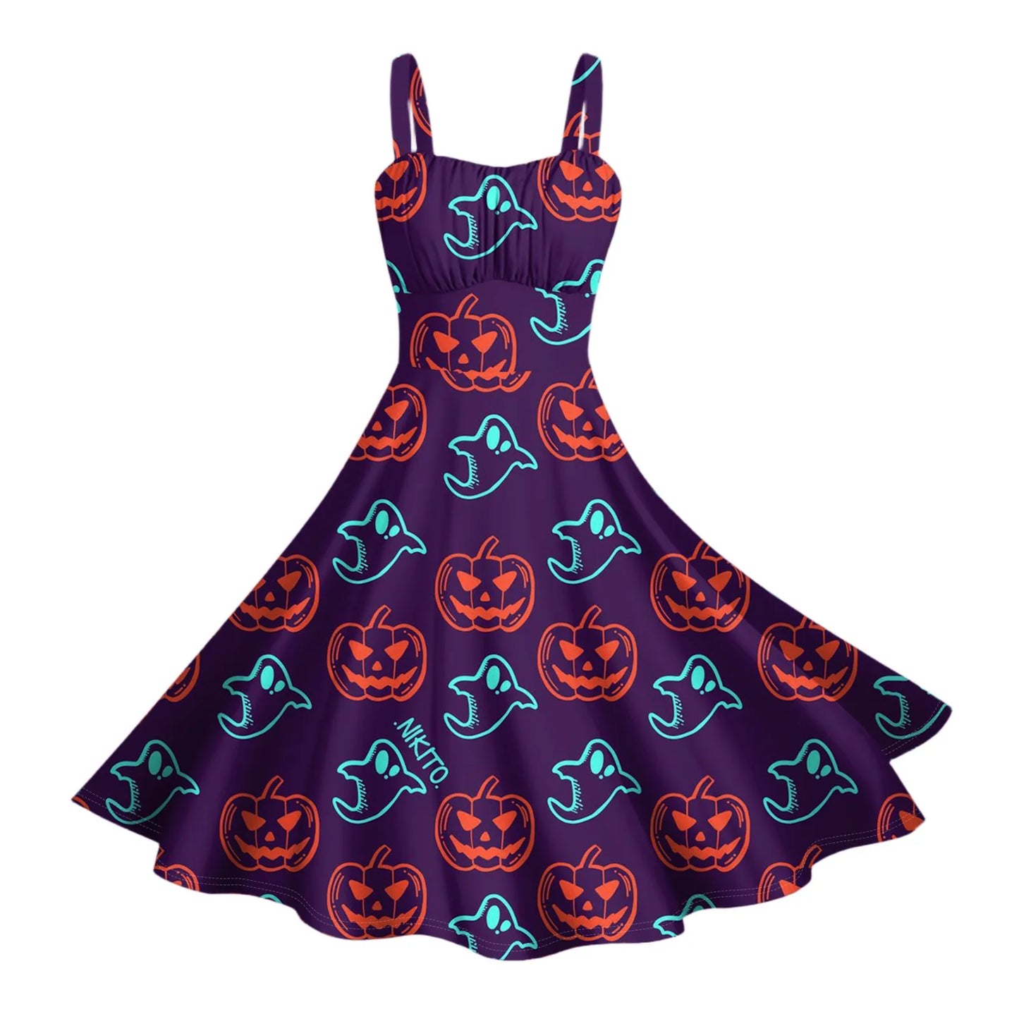Women'S Vintage Sleeveless Pleated Patchwork Cute A-Line Hem Halloween Printed Dresses Elegant Dresses For Women Vestido Feminin