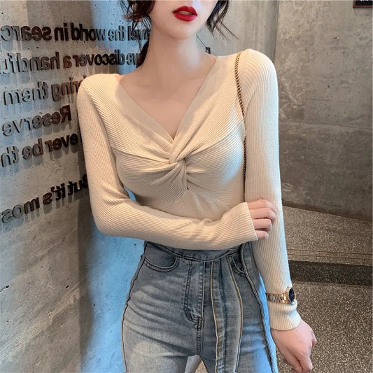 Autumn Winter Skinny Knitted Shirt Women Pullover Sweater Tops Female Long Sleeve Elastic V-neck Slim Sweaters Knit Shirts