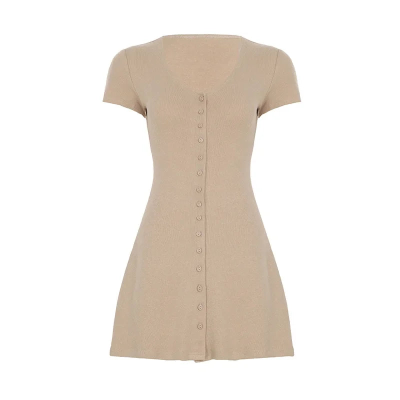 2025 Summer New Knitted Mini Dress Female Elegant V Neck Buttons Short Sleeve Dress High Elasticity Casual Women's Dress