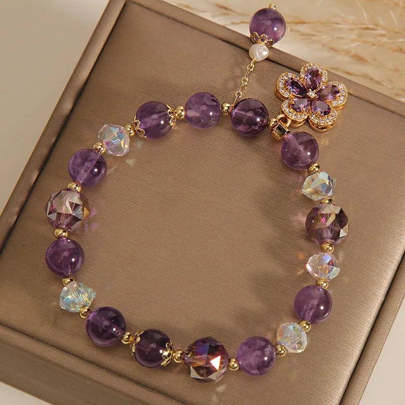 Natural Amethyst Bracelet for Women, Floral Boho Chic Crystal Beads Handmade Adjustable Student Gift, Minimalist Dainty Jewelry