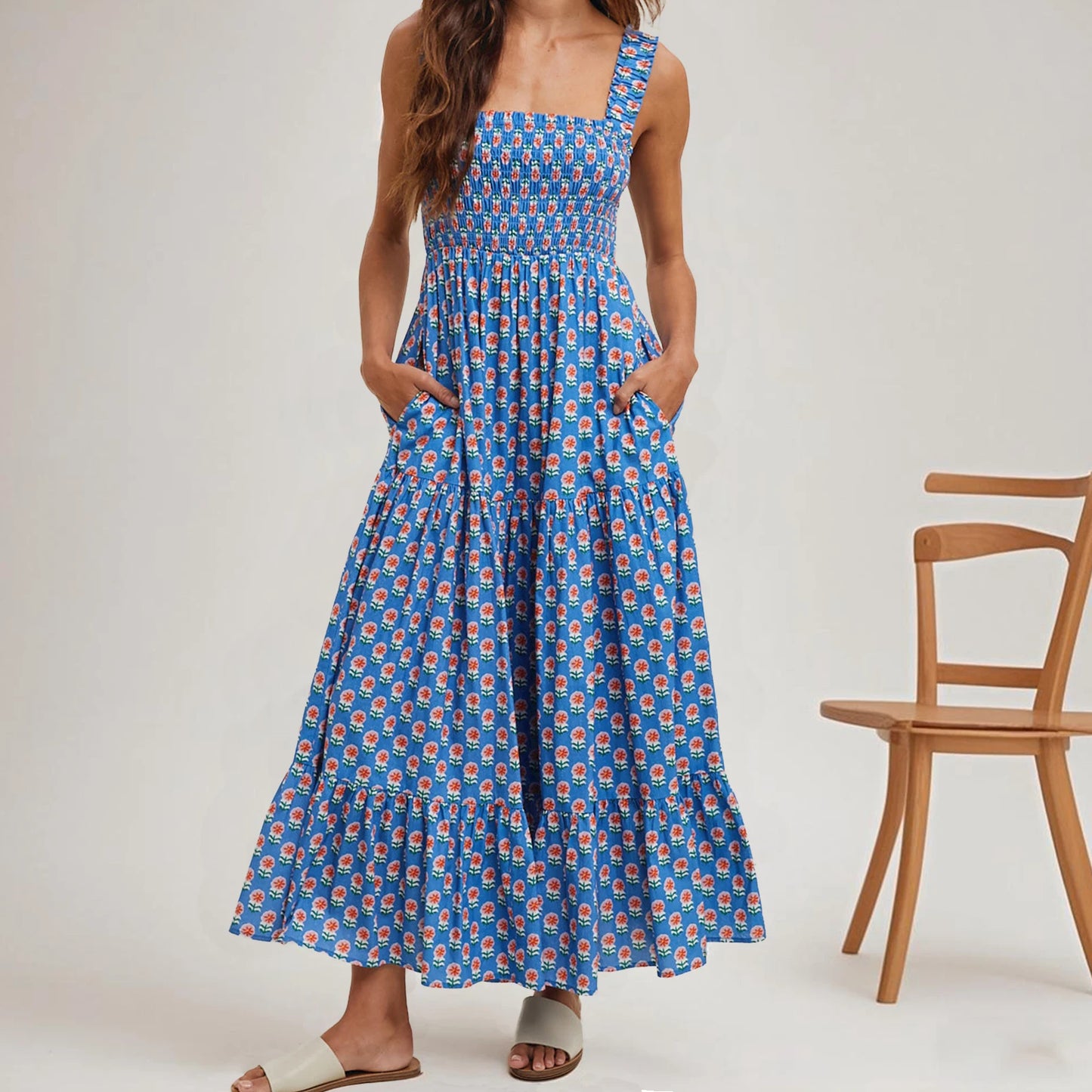 Women Boho Maxi Dress Off Shoulder Ruffle Floral Print Sleeveless Smocked Waist Long Summer Beach Dress with Pockets