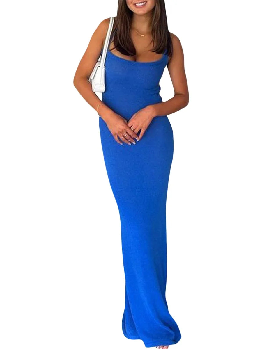 Women s Summer Long Evening Dress Solid Color Sleeveless Backless Spaghetti Strap Dress
