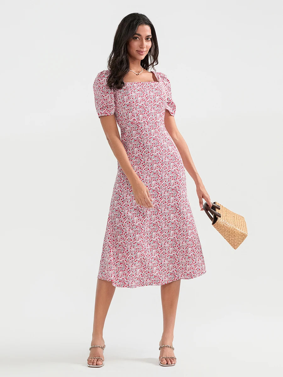 Women s Summer Midi Dress Casual Short Puff Sleeve Floral Print A-Line Dress Elegant Flowy Dress