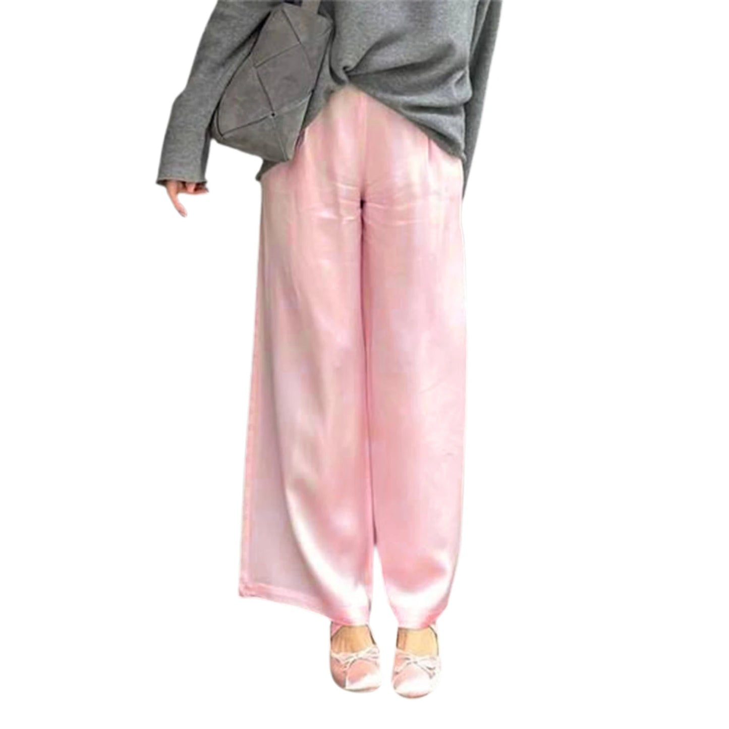 Ladies Stylish Loose Fit Trousers with Stretchy Waistband Elegant Satin Fabric Work Pants in Solid Color for a Chic Look