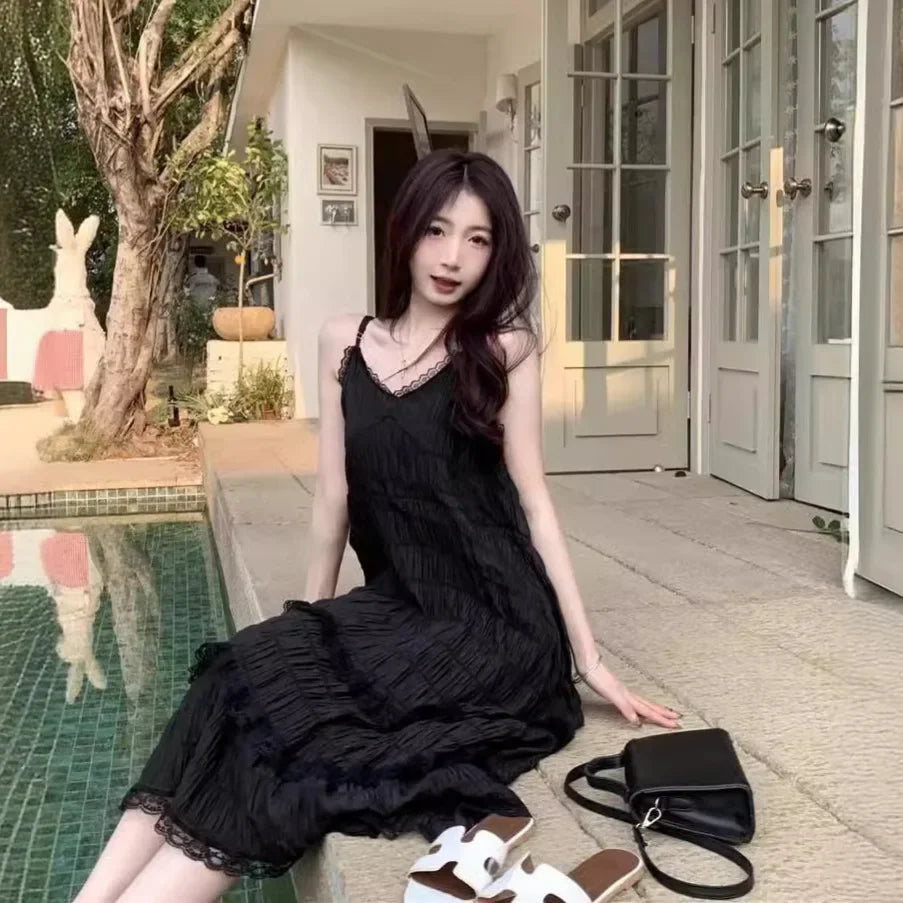 SweetAge-ReducingWhite French Style Tank Dress Loose Fit Long Dress For Women Spring Vacation Style Petite Cake Dress