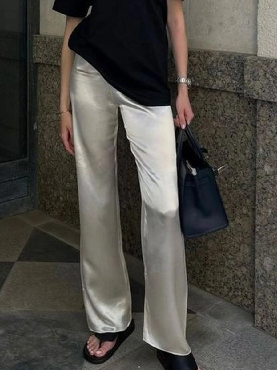 Ladies Stylish Loose Fit Trousers with Stretchy Waistband Elegant Satin Fabric Work Pants in Solid Color for a Chic Look