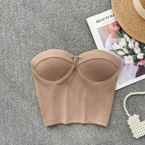 Strapless Western Style Skinny Tanks Camis for Women Summer Casual Solid Colours Female Corset Crop Tube Tops with Built In Bras