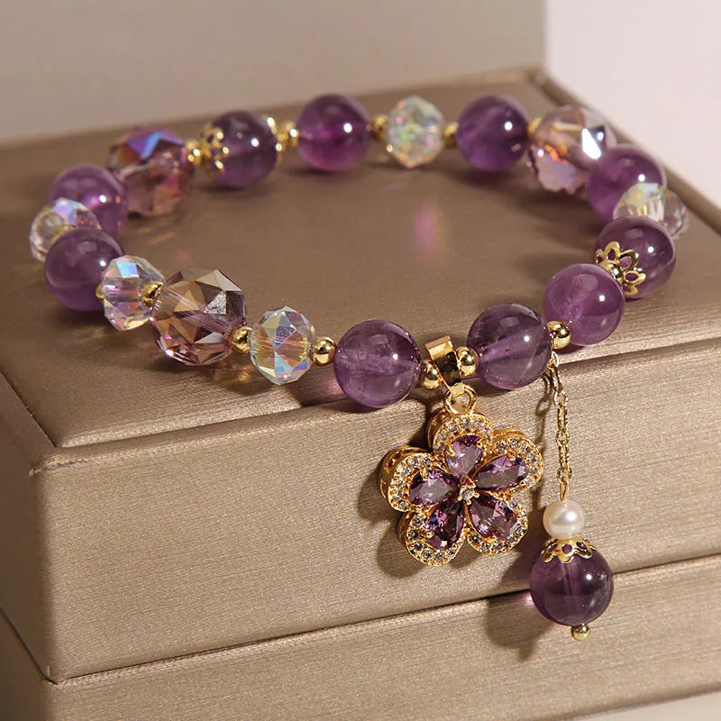 Natural Amethyst Bracelet for Women, Floral Boho Chic Crystal Beads Handmade Adjustable Student Gift, Minimalist Dainty Jewelry