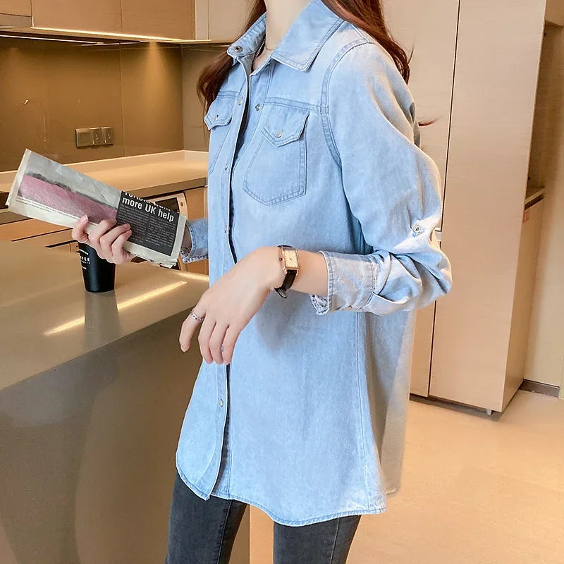 Women's Loose Denim Shirt with Long Sleeves New Spring and Autumn Thin Top Mid To Long Length Jacket and Outer Shirt 11968