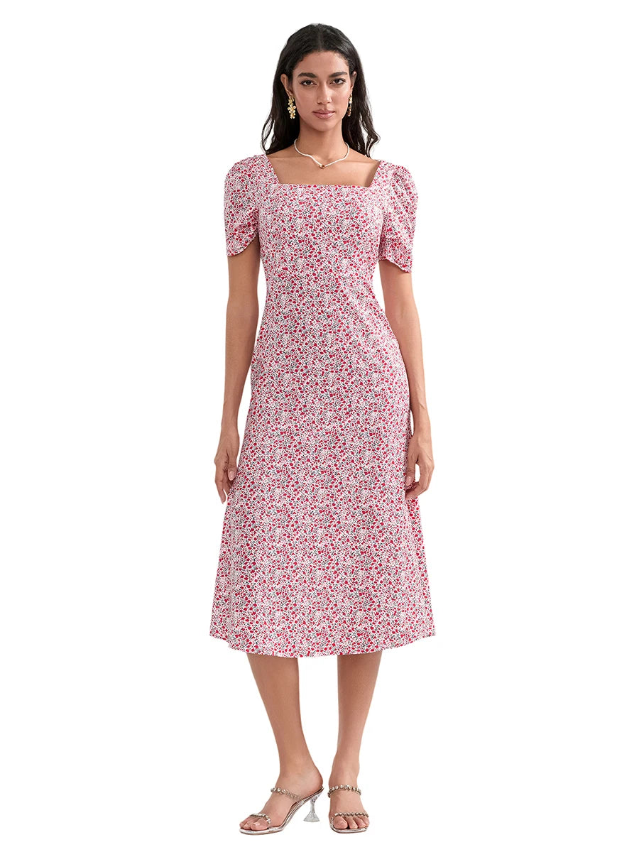 Women s Summer Midi Dress Casual Short Puff Sleeve Floral Print A-Line Dress Elegant Flowy Dress