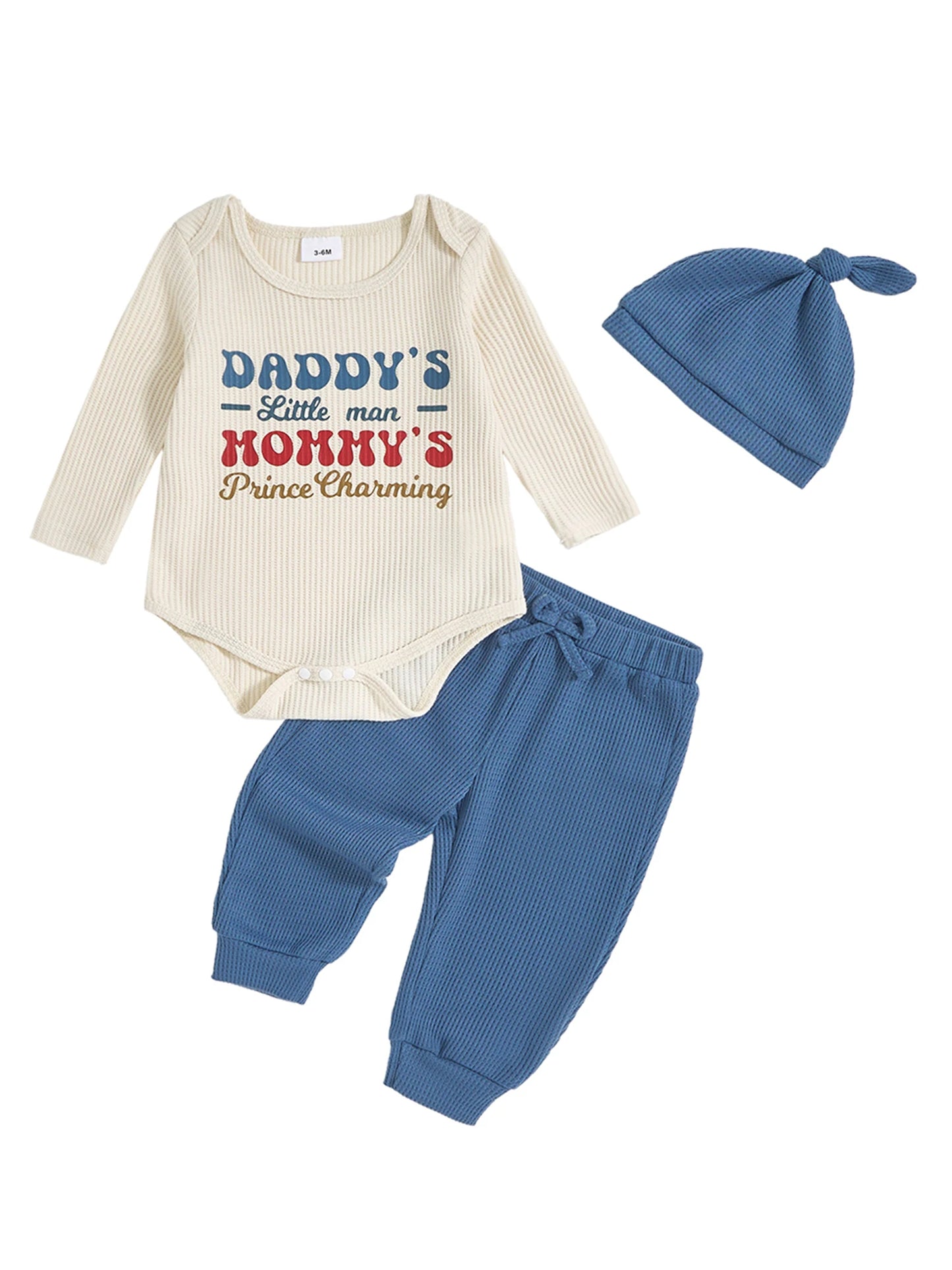 Adorable Infant Unisex Clothing Set with Printed Romper Joggers Pants and Hat - Long Sleeve Crew Neck Outfit for Newborn Boy