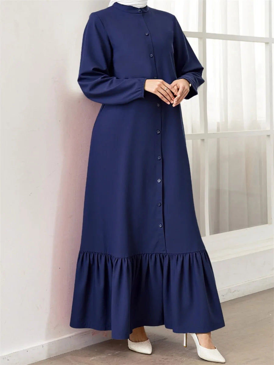 Middle Eastern Style Women s Long Dress with Solid Color and Loose Fit Design Featuring Button Down Front Crew Neck and Long